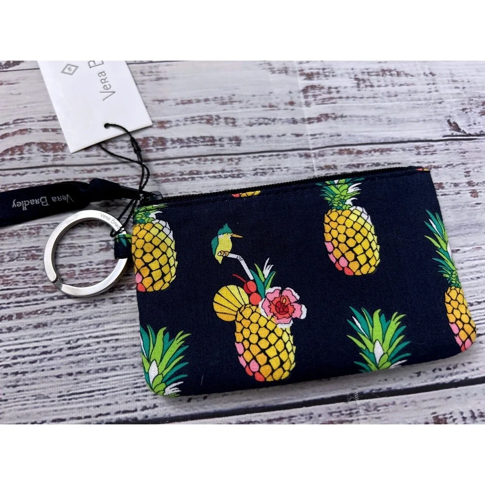 Vera Bradley Toucan Party Zip ID Case Pineapple‎ Navy Blue Keychain Wallet NWT